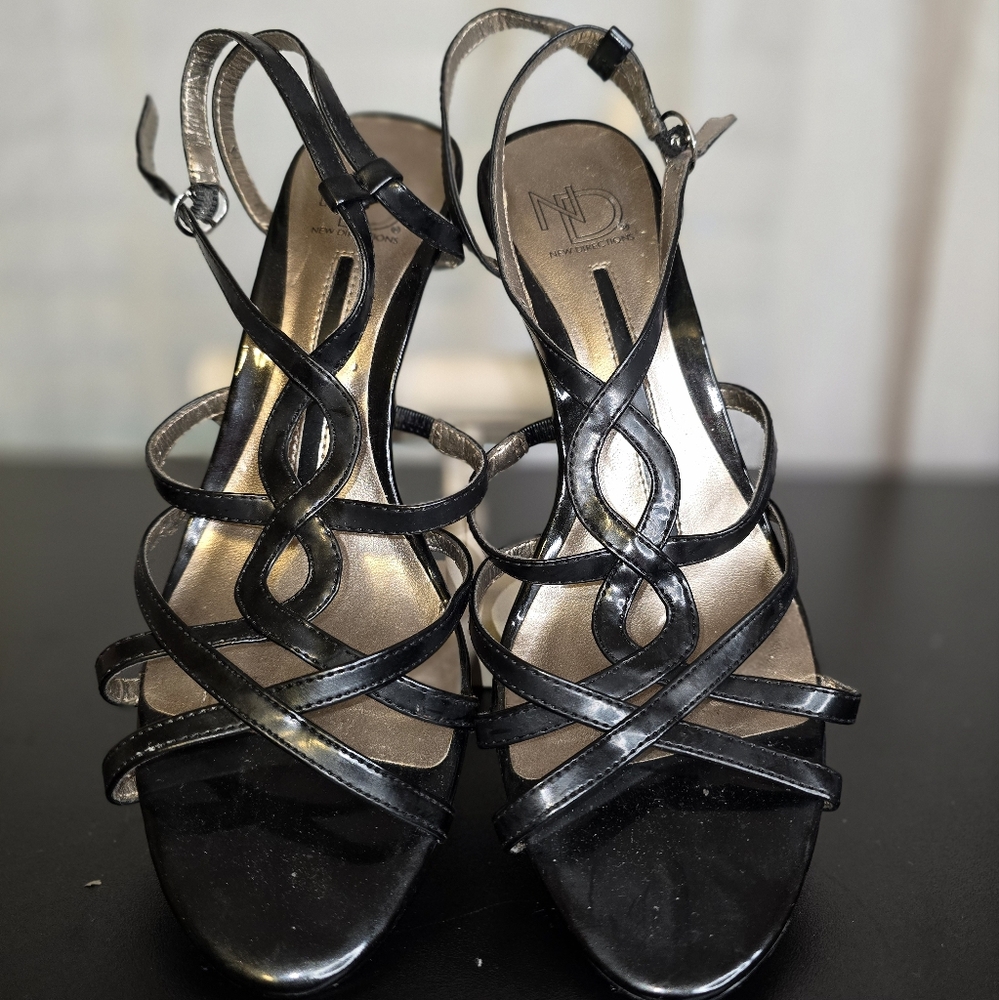 Black strappy, high-heeled sandals. New Direction Size 8